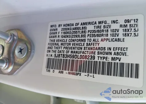 2013 Acura Rdx from USA, damaged, VIN 5J8TB3H59DL008239